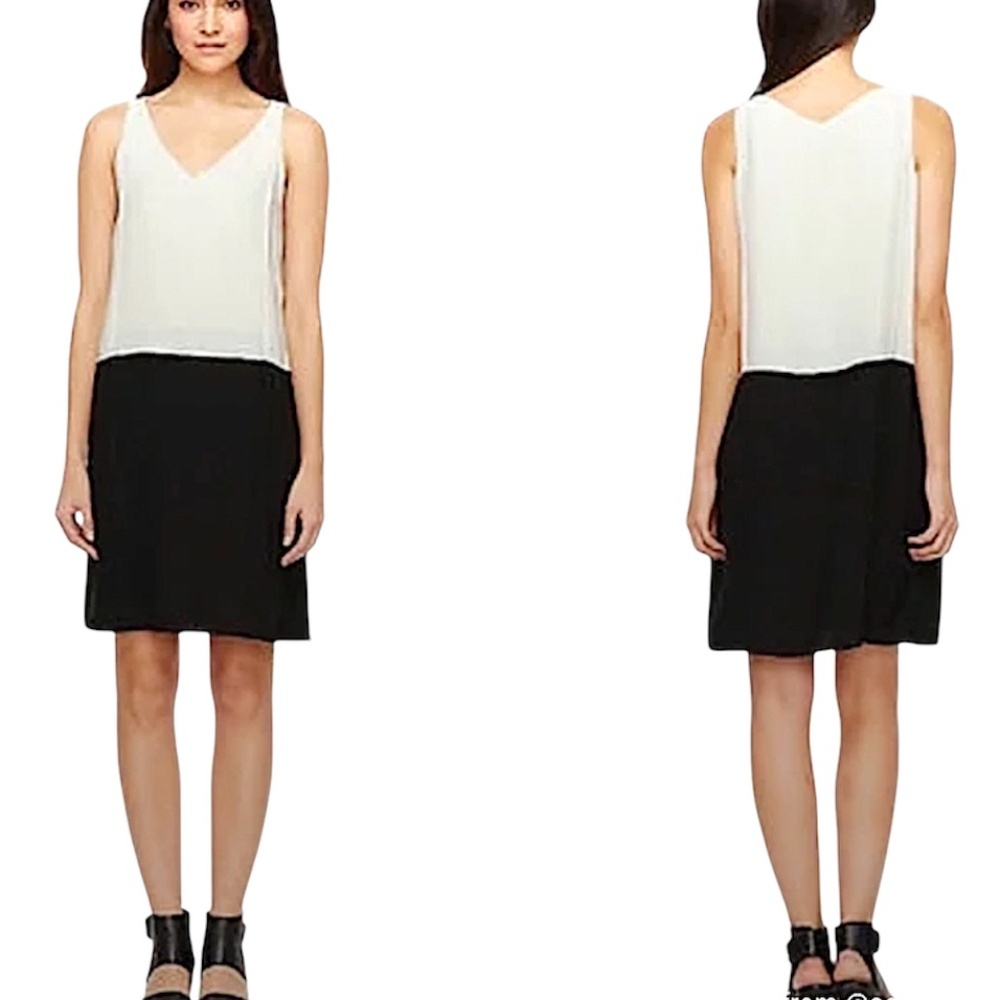 Eileen Fisher pure silk beige black colour block boxy sleeveless shift dress XS